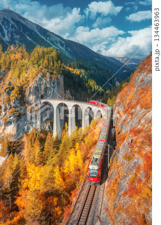 Aerial view of modern red train on Landwasser viaduct in autumn Aerial view of modern red train on Landwasser viaduct in autumn 134463963