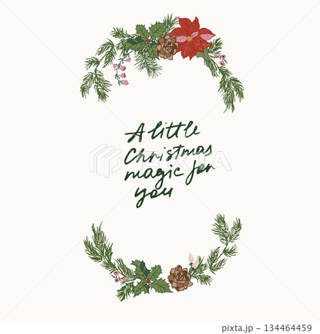 Vector Christmas floral wreath of poinsettia, leaves, pine needles and berries. Hand-drawn vintage composition isolated on white background. Illustration for design, print, fabric or background. 134464459