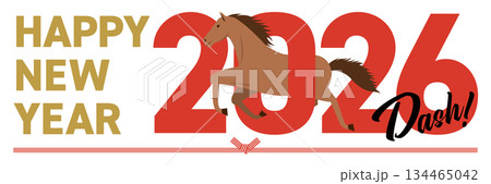 2026年をイメージした午とhappy new yearの年賀状_横長 2026年をイメージした午とhappy new yearの年賀状_横長 134465042