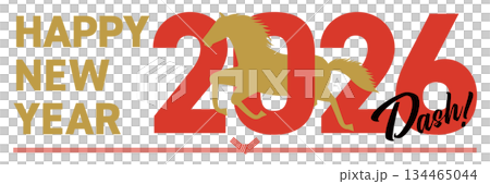 New Year's card with silhouette of horse and happy new year in 2026, horizontal 134465044