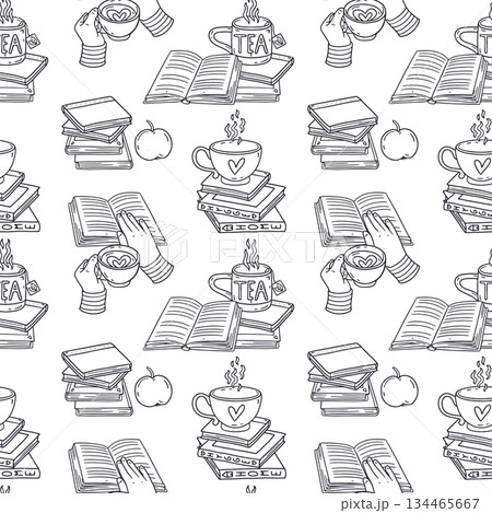 Line art tea cup standing on stack of books and hands holding mugs black and white seamless pattern. Cozy reading time repeat background Line art tea cup standing on stack of books and hands holding mugs black and white seamless pattern. Cozy reading time repeat background 134465667