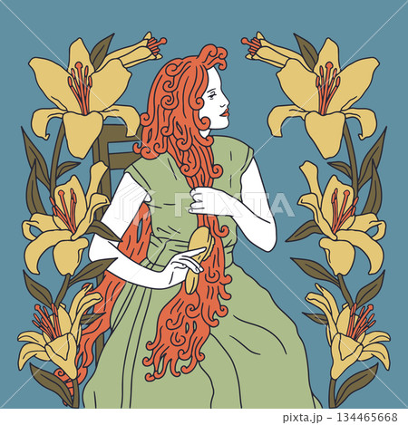 Art nouveau poster with woman brushing very long hair and lily flower frame vector illustration 134465668