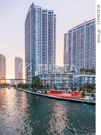 Modern skyline of Miami with towering skyscrapers, tropical vibe, and waterfront views 134465816