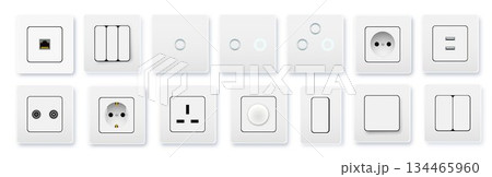 Realistic socket and switch. Interior wall outlets or electric connectors. Switches and sockets set Different square types. Vector 134465960