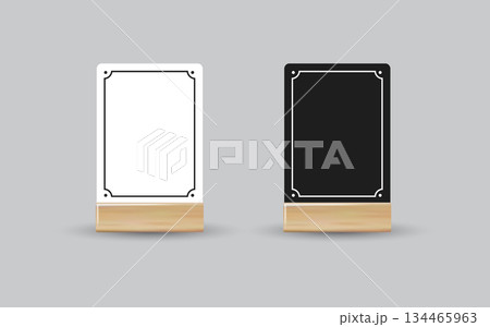 Menu Card table holder stand mockup. Paper flyer mock up template. Event promotion wooden frame. Restaurant label. Vector 134465963