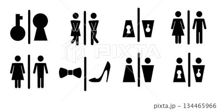 Restroom or bathroom for man and woman to peeing. Funny vector WC pictogram icon or sign. World toilet day. Stickman bath room. Unisex. Clean the toilets Restroom or bathroom for man and woman to peeing. Funny vector WC pictogram icon or sign. World toilet day. Stickman bath room. Unisex. Clean the toilets 134465966