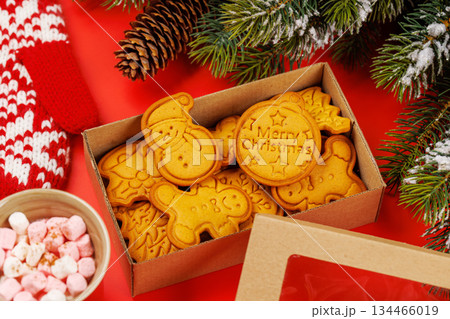Gingerbread cookies, cup with marshmallows and snowy fir branches 134466019