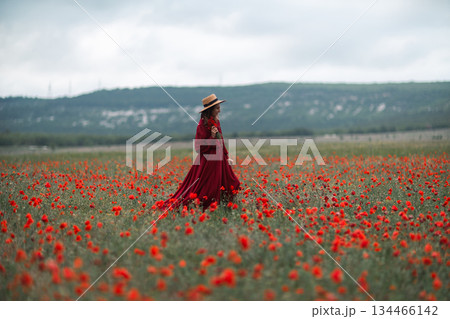 Woman poppy field walking in elegant red dress through summer meadow landscape 134466142