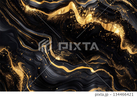 Luxurious black and gold liquid marble texture, fluid art background, metallic veins, expensive wallpaper design, generative AI. 134466421