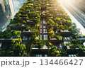 Futuristic hydrogen energy storage tanks and vertical garden skyscraper, clean city technology, generative AI. 134466427
