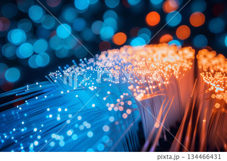 Abstract light background with bokeh, neon lasers and cosmic nebula, festive and futuristic texture, generative AI. 134466431