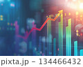 Abstract financial growth graph with rising arrow and digital particles, stock market trading concept, generative AI. 134466432