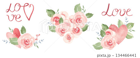 St. Valentine day or wedding set. Pink roses bouquets with hearts and LOVE words, hand drawn watercolor lettering. Design elements for shirt prints, posters and cards or invitations. St. Valentine day or wedding set. Pink roses bouquets with hearts and LOVE words, hand drawn watercolor lettering. Design elements for shirt prints, posters and cards or invitations. 134466441