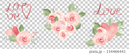 St. Valentine day or wedding set. Pink roses bouquets with hearts and LOVE words, hand drawn watercolor lettering. Design elements for shirt prints, posters and cards or invitations. St. Valentine day or wedding set. Pink roses bouquets with hearts and LOVE words, hand drawn watercolor lettering. Design elements for shirt prints, posters and cards or invitations. 134466441