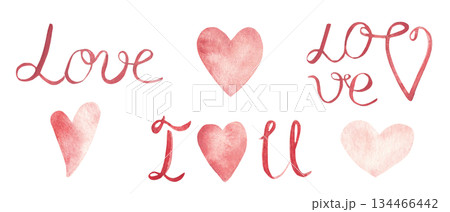 St. Valentine day set. LOVE words and phrases with pink and red hearts. Hand drawn watercolor lettering isolated on a white background. Design elements for shirt prints, posters and cards for St. Valentine day set. LOVE words and phrases with pink and red hearts. Hand drawn watercolor lettering isolated on a white background. Design elements for shirt prints, posters and cards for 134466442