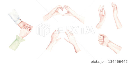 Woman and Man Hands set. Watercolor hand gesture collection with open palm, fist, couple holding hands with engagement ring and woman hands showing heart expressive poses. Ideal for wedding card 134466445