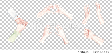 Woman and Man Hands set. Watercolor hand gesture collection with open palm, fist, couple holding hands with engagement ring and woman hands showing heart expressive poses. Ideal for wedding card 134466445