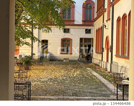 Cozy courtyard with fallen leaves and cafe tables. Autumn calm, texture and timeless European atmosphere. 134466486