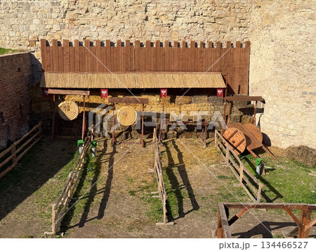 Top view of medieval shooting range. Historical entertainment, craftsmanship and heritage preservation. 134466527