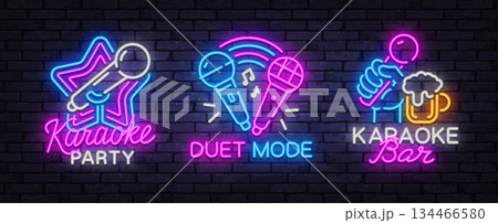 Vibrant neon illustrations featuring karaoke bar, party fun, and duet mode with bold colors and musical energy. 134466580