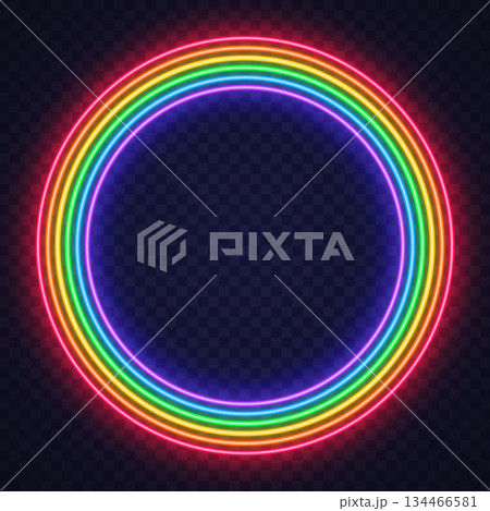 A vibrant circular neon frame made of glowing rainbow lines on a transparent background. The smooth shape adds a dynamic accent ideal for logos or digital layouts. 134466581