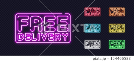 Free Delivery neon lettering in glowing purple style, perfect for announcements, recruitment or event invitations. Free Delivery neon lettering in glowing purple style, perfect for announcements, recruitment or event invitations. 134466588