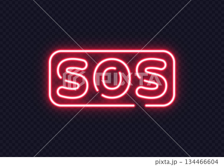 Red glowing SOS text inside rounded shape. Eye-catching emergency signal for urgent messages or alerts. 134466604