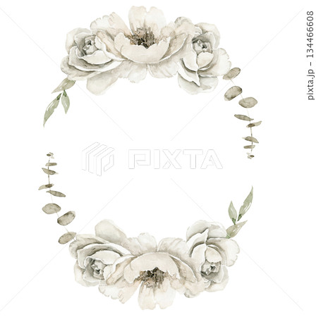 Floral wreath illustration with off white peony flowers, leaves and buds forming an open oval frame. Suitable for wedding suite, baby shower invitation, packaging, greeting card or branding projects. Floral wreath illustration with off white peony flowers, leaves and buds forming an open oval frame. Suitable for wedding suite, baby shower invitation, packaging, greeting card or branding projects. 134466608