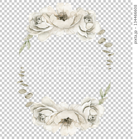 Floral wreath illustration with off white peony flowers, leaves and buds forming an open oval frame. Suitable for wedding suite, baby shower invitation, packaging, greeting card or branding projects. Floral wreath illustration with off white peony flowers, leaves and buds forming an open oval frame. Suitable for wedding suite, baby shower invitation, packaging, greeting card or branding projects. 134466608
