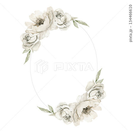 Illustration of oval floral frame with off white peonies and green leaves, arranged symmetrically top and bottom. Suitable for wedding invitation, memorial Funeral card, packaging or branding element 134466610