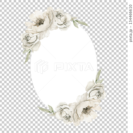 Illustration of oval floral frame with off white peonies and green leaves, arranged symmetrically top and bottom. Suitable for wedding invitation, memorial Funeral card, packaging or branding element Illustration of oval floral frame with off white peonies and green leaves, arranged symmetrically top and bottom. Suitable for wedding invitation, memorial Funeral card, packaging or branding element 134466610