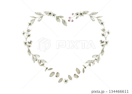 Floral heart shaped wreath made with small off white flowers, green leaves and buds, arranged in light outline. Suitable for wedding invitation, Valentines card, packaging, or baby shower design. 134466611
