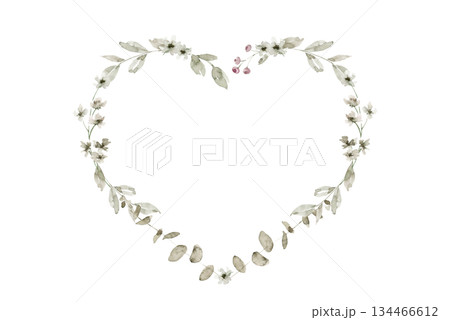 Floral heart shaped wreath made with small off white flowers, green leaves and buds, arranged in light outline. Suitable for wedding invitation, Valentines card, packaging, or baby shower design. 134466612
