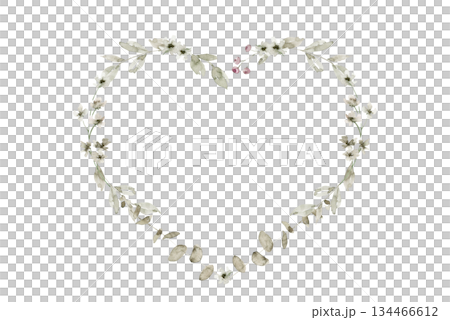 Floral heart shaped wreath made with small off white flowers, green leaves and buds, arranged in light outline. Suitable for wedding invitation, Valentines card, packaging, or baby shower design. 134466612