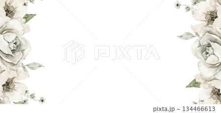 Hand drawn floral frame illustration with off white peonies and green leaves on opposite sides. Ideal for wedding invitation, anniversary card, funeral cards, packaging, branding element, menu design 134466613