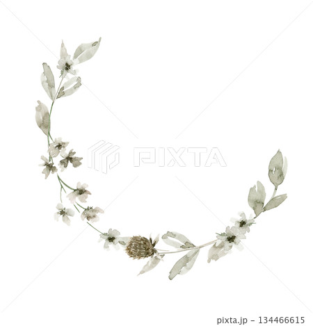 Hand drawn semi circular wreath illustration with off white flowers, green leaves, brown pine cones and small buds. Great for gift packaging, label, invitation, spring card or branding project. 134466615