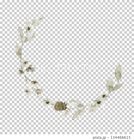Hand drawn semi circular wreath illustration with off white flowers, green leaves, brown pine cones and small buds. Great for gift packaging, label, invitation, spring card or branding project. 134466615