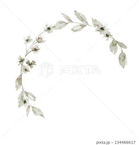 Minimal hand drawn semi wreath illustration with off white tiny flowers and light green leaves in loose arc. Perfect for invitation, label, stationery, small packaging or branding accent element. 134466617