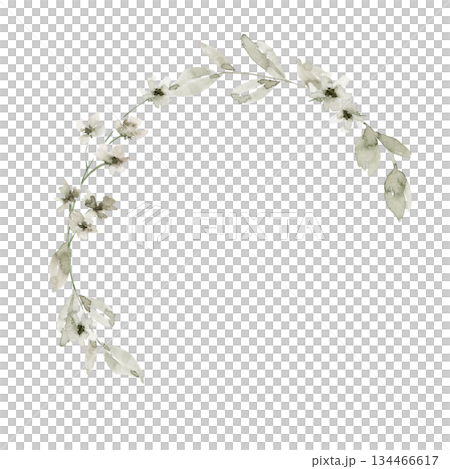 Minimal hand drawn semi wreath illustration with off white tiny flowers and light green leaves in loose arc. Perfect for invitation, label, stationery, small packaging or branding accent element. 134466617