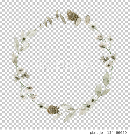 Round hand drawn botanical wreath illustration with off white flowers, pine cones, small buds, and green leaves in a delicate arrangement. Great for gift packaging, labels, invitation or Easter card. 134466620