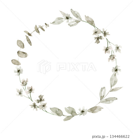 Minimalistic hand drawn wreath illustration with off white small flowers, light green leaves and buds and eucalyptus leaves. Ideal for invitation suite, stationary, gift box label, or branding. 134466622