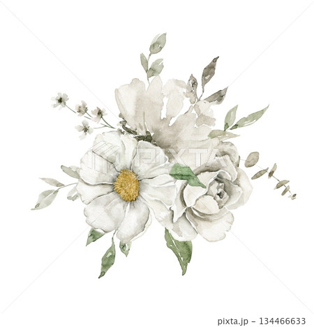 Loose watercolor bouquet with off white flowers, green leaves, and small pink sprigs. Ideal for wedding suite, spring celebration card, packaging accent, branding, or nature inspired stationery. 134466633