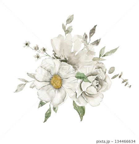 Loose watercolor bouquet with off white flowers, green leaves, and small pink sprigs. Ideal for wedding suite, spring celebration card, packaging accent, branding, or nature inspired stationery. Loose watercolor bouquet with off white flowers, green leaves, and small pink sprigs. Ideal for wedding suite, spring celebration card, packaging accent, branding, or nature inspired stationery. 134466634