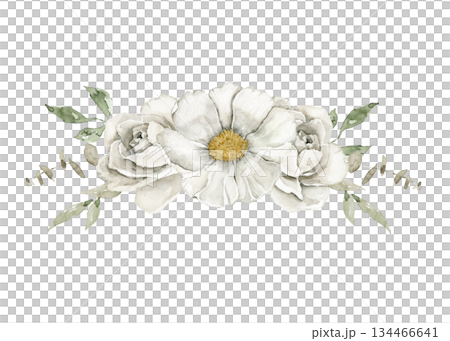 Loose watercolor bouquet with off white peonies, green leaves, and small pink details. Perfect for wedding label, greeting card, packaging decoration, spring event branding, or planner cover. 134466641
