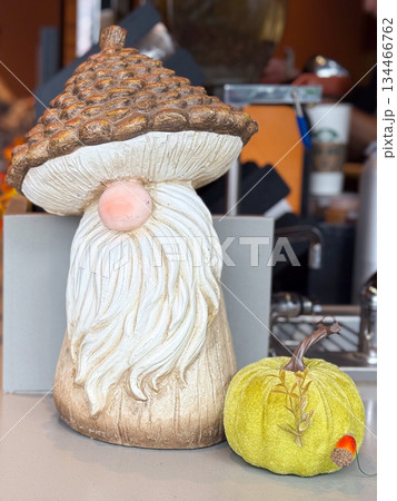 Gnome figurine with acorn hat and decorative pumpkin on table. Expression of autumn folklore, cozy storytelling, and seasonal charm in interior aesthetics. 134466762