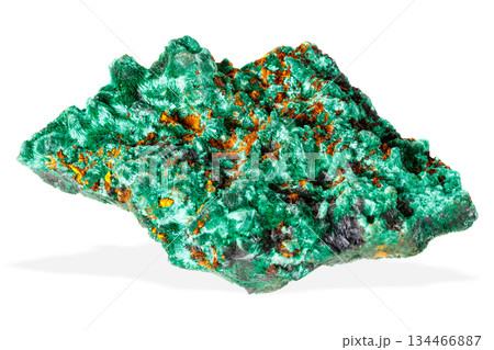 Green malachite crystal cluster showing rich mineral matrix patterns, raw geological specimen Green malachite crystal cluster showing rich mineral matrix patterns, raw geological specimen 134466887