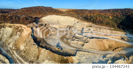 Aerial view of open pit mining site of limestone materials for construction industry with excavators and dump trucks 134467241