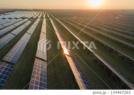 Aerial view of large sustainable electrical power plant with rows of solar photovoltaic panels for producing clean electric energy in evening. Concept of renewable electricity with zero emission Aerial view of large sustainable electrical power plant with rows of solar photovoltaic panels for producing clean electric energy in evening. Concept of renewable electricity with zero emission 134467263
