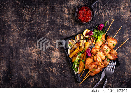 Chicken skewers kebab with vegetables Chicken skewers kebab with vegetables 134467301