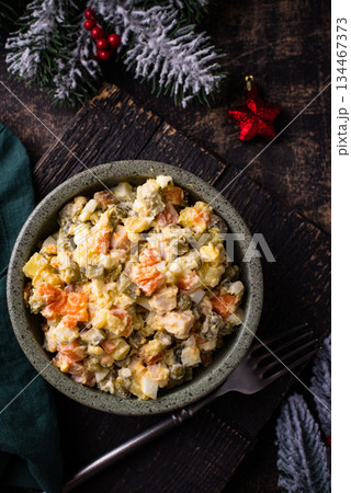 Traditional russian salad Olivier 134467373